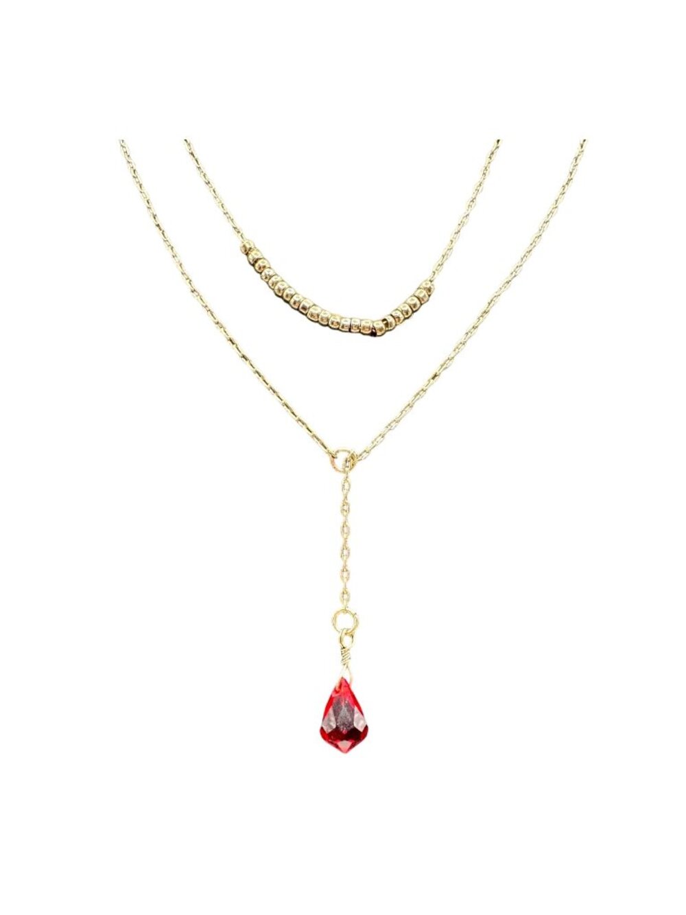 Necklace Women Gold Tone Single Red Faceted Stone 18" Long Double Strand